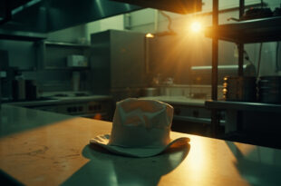 Abandoned chef's hat on marble counter in dimly lit professional kitchen at dawn, with scattered utensils after final service