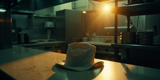 Abandoned chef's hat on marble counter in dimly lit professional kitchen at dawn, with scattered utensils after final service