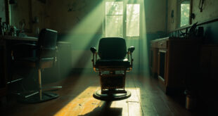 Empty vintage barber chair illuminated by spotlight in dimly lit abandoned salon with unused hairdressing tools on counter