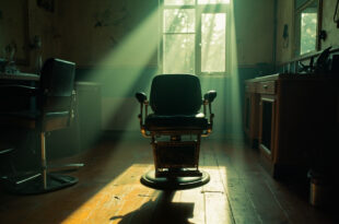 Empty vintage barber chair illuminated by spotlight in dimly lit abandoned salon with unused hairdressing tools on counter