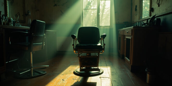 Empty vintage barber chair illuminated by spotlight in dimly lit abandoned salon with unused hairdressing tools on counter