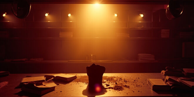 Empty professional kitchen with scattered cookbooks and chef's hat on counter in abandoned TV cooking studio