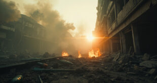Smoking debris and missile fragments scattered across empty city streets, surrounded by damaged building facades and orange flames