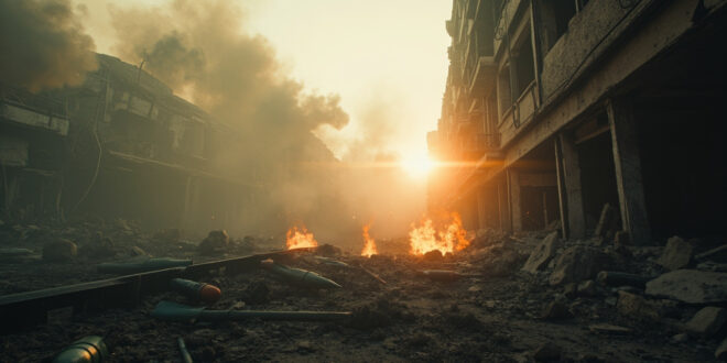 Smoking debris and missile fragments scattered across empty city streets, surrounded by damaged building facades and orange flames