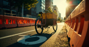Abandoned heavy cargo bicycle standing alone on an empty urban bike path with orange safety barriers in late day light
