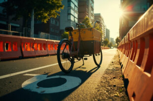 Abandoned heavy cargo bicycle standing alone on an empty urban bike path with orange safety barriers in late day light