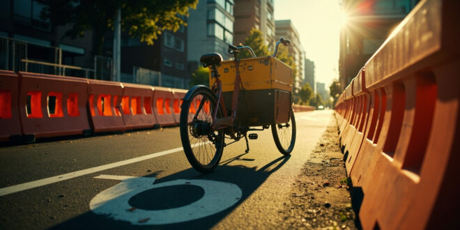 Abandoned heavy cargo bicycle standing alone on an empty urban bike path with orange safety barriers in late day light