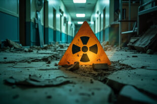 Abandoned hospital corridor with structural damage displaying cracked radiation warning signs in war-torn medical facility