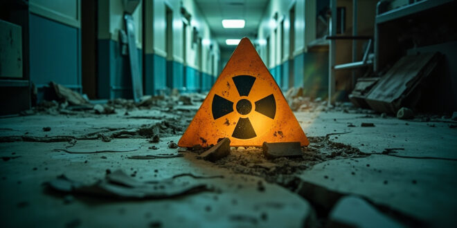 Abandoned hospital corridor with structural damage displaying cracked radiation warning signs in war-torn medical facility