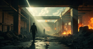 Damaged nuclear reactor building with orange flames and smoke rising from abandoned facility after strike