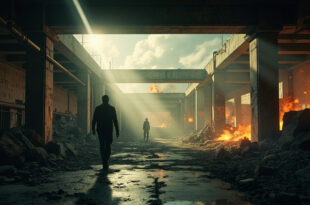 Damaged nuclear reactor building with orange flames and smoke rising from abandoned facility after strike