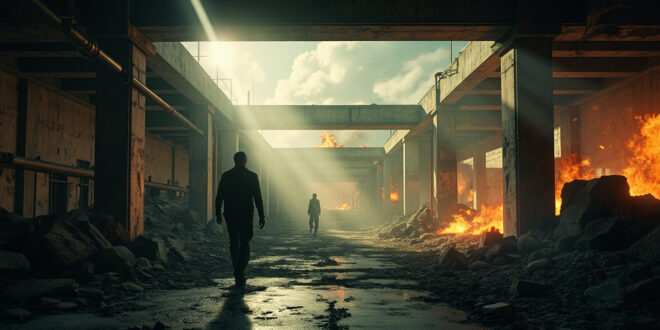Damaged nuclear reactor building with orange flames and smoke rising from abandoned facility after strike