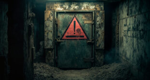 Sealed heavy steel bunker door with warning signs at abandoned underground military facility entrance