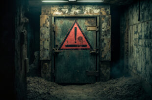 Sealed heavy steel bunker door with warning signs at abandoned underground military facility entrance