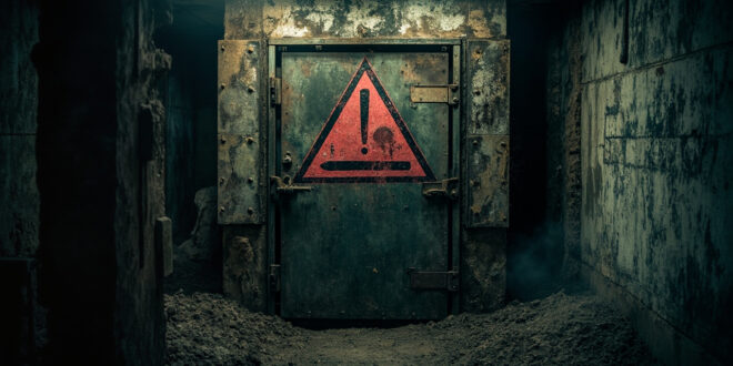 Sealed heavy steel bunker door with warning signs at abandoned underground military facility entrance