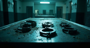 Various restraint devices including metal handcuffs arranged on empty steel table in sterile institutional room with harsh lighting