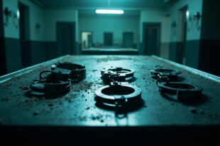 Various restraint devices including metal handcuffs arranged on empty steel table in sterile institutional room with harsh lighting