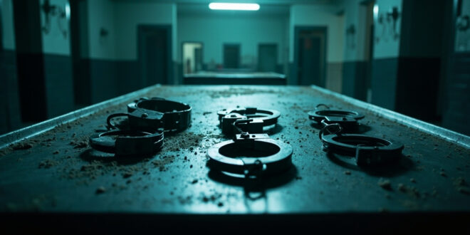 Various restraint devices including metal handcuffs arranged on empty steel table in sterile institutional room with harsh lighting