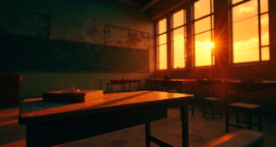 Empty classroom with survival training materials and textbooks on desks at dusk, highlighting controversial education approach