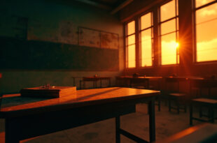 Empty classroom with survival training materials and textbooks on desks at dusk, highlighting controversial education approach