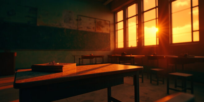 Empty classroom with survival training materials and textbooks on desks at dusk, highlighting controversial education approach