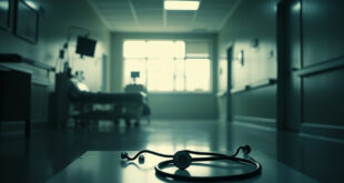 Empty hospital bed with disconnected monitors in sterile corridor at dawn, abandoned stethoscope on examination table