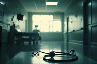 Empty hospital bed with disconnected monitors in sterile corridor at dawn, abandoned stethoscope on examination table
