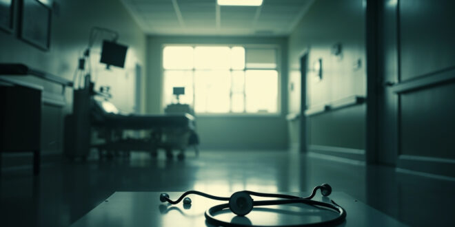 Empty hospital bed with disconnected monitors in sterile corridor at dawn, abandoned stethoscope on examination table
