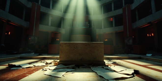 Empty diplomatic podium with torn papers and conflicting Middle East policy statements in abandoned chamber