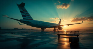 Empty passenger aircraft waiting at terminal gate in quiet airport at dusk, with abandoned luggage visible on bench