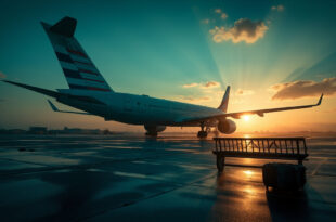 Empty passenger aircraft waiting at terminal gate in quiet airport at dusk, with abandoned luggage visible on bench