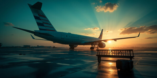 Empty passenger aircraft waiting at terminal gate in quiet airport at dusk, with abandoned luggage visible on bench
