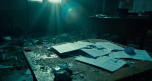 Stack of unpaid utility bills on abandoned desk in deserted government office with scattered papers