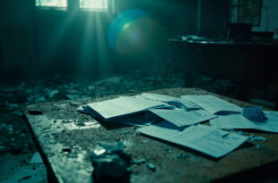 Stack of unpaid utility bills on abandoned desk in deserted government office with scattered papers