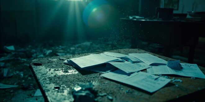 Stack of unpaid utility bills on abandoned desk in deserted government office with scattered papers