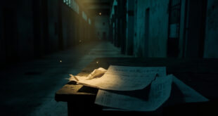 Empty prison cell with statistical documents and charts scattered on warden's desk in abandoned corridor at dusk