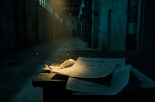 Empty prison cell with statistical documents and charts scattered on warden's desk in abandoned corridor at dusk
