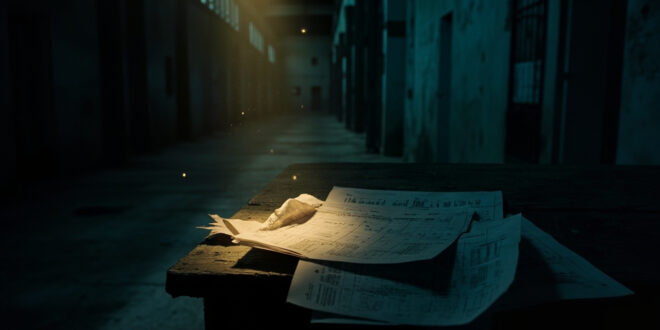 Empty prison cell with statistical documents and charts scattered on warden's desk in abandoned corridor at dusk