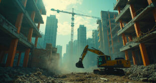 Abandoned construction site with idle excavator and crane amid unfinished buildings in empty urban development area