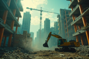 Abandoned construction site with idle excavator and crane amid unfinished buildings in empty urban development area