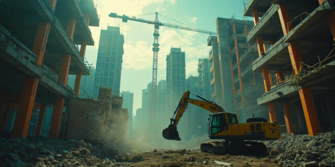Abandoned construction site with idle excavator and crane amid unfinished buildings in empty urban development area