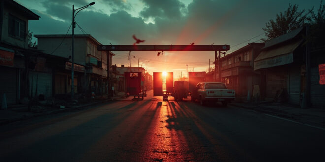 Deserted border checkpoint with abandoned vehicles and locked barriers under ominous red lighting at dusk