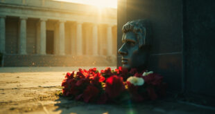 Abandoned military memorial wreath at solitary monument in deserted government plaza during empty commemoration ceremony