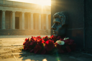 Abandoned military memorial wreath at solitary monument in deserted government plaza during empty commemoration ceremony