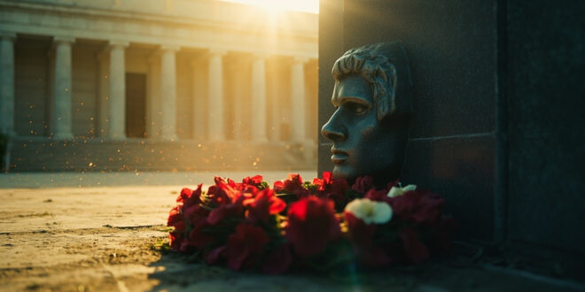 Abandoned military memorial wreath at solitary monument in deserted government plaza during empty commemoration ceremony