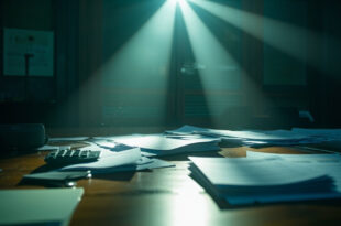 Empty government office desk with scattered healthcare policy documents, calculator, and insurance forms in blue light