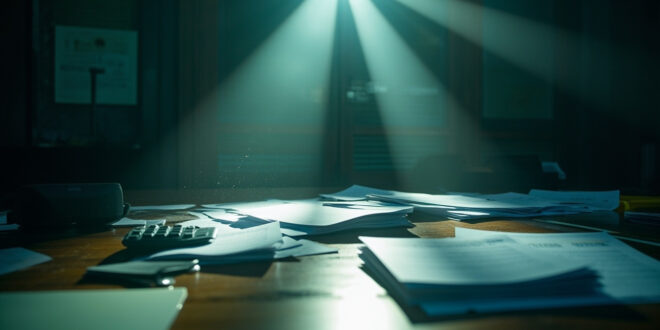 Empty government office desk with scattered healthcare policy documents, calculator, and insurance forms in blue light