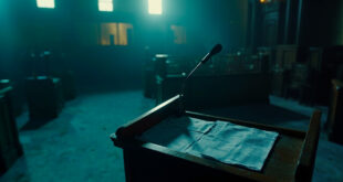 Empty government podium with unsigned tax documents in an abandoned parliamentary chamber at twilight