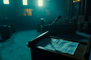 Empty government podium with unsigned tax documents in an abandoned parliamentary chamber at twilight