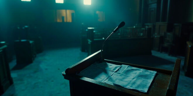 Empty government podium with unsigned tax documents in an abandoned parliamentary chamber at twilight